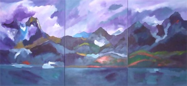 Title:- After the snow melted.
Arctic Landscape based on Tasiilaq in East Greenland. Acrylics on canvas Triptych size 460cm x 150cm.
Price �3000